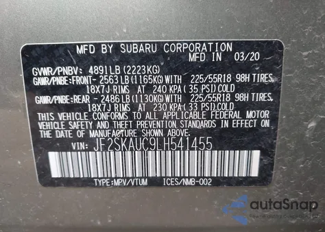 2020 Subaru Forester Limited из США, поврежденный, VIN JF2SKAUC9LH541455